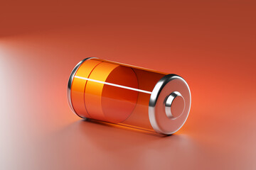 Close-up 3D illustration of  orange   indicators value on a  battery on gray background.