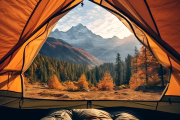 Printed roller blinds Camping POV from a camping tent: scenic view of the mountains in the autumn