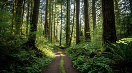 A scenic hiking trail leading through a dense forest of tall trees and lush vegetation - obrazy, fototapety, plakaty