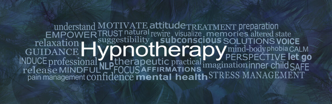 Words Associated with Hypnotherapy Word Cloud - Dark blue feathered background with a tag cloud of positive and negative words around the word HYPNOTHERAPY 

