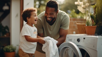happiness weekend daily routine lifestyle Father and son loading washing machine in laundry room at home daylight - obrazy, fototapety, plakaty