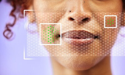 Dermatology, skincare and face of woman with overlay isolated in a studio purple background for...