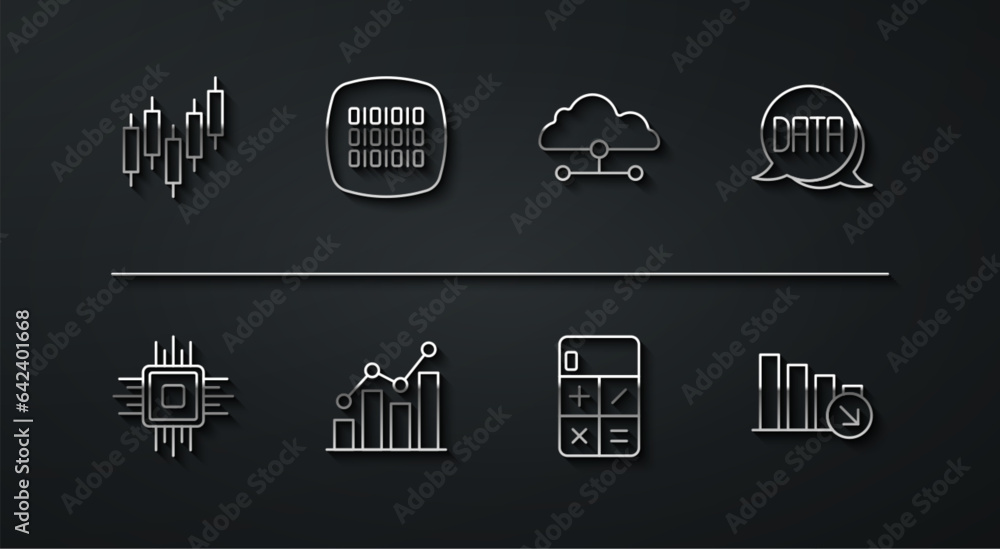 Aufkleber set line browser with stocks market, processor cpu, data analysis, calculator, pie chart infographic