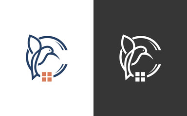 Letter C hummingbird home Logo. C initial logo with a house-shaped humming bird. logo design template for home, realestate and furnishing.