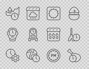 Set line Time management, Food time, Sun, World, Stocks market growth graphs, Antique clock, Day and Cleaning icon. Vector