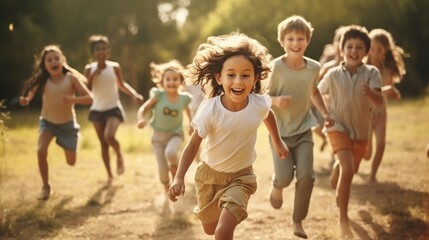 cheerful children chasing each other while having fun playing - obrazy, fototapety, plakaty