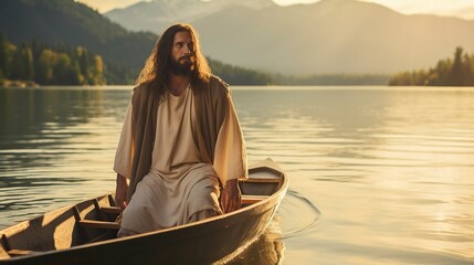 Jesus Christ on the lake in a boat - obrazy, fototapety, plakaty
