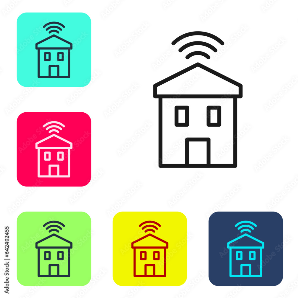 Poster black line smart home with wi-fi icon isolated on white background. remote control. set icons in col