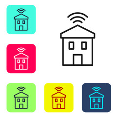 Black line Smart home with wi-fi icon isolated on white background. Remote control. Set icons in color square buttons. Vector