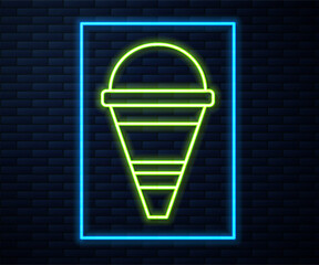 Glowing neon line Fire cone bucket icon isolated on brick wall background. Metal cone bucket empty or with water for fire fighting. Vector
