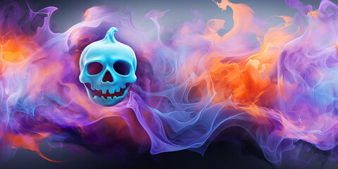 evil scull on mystic fog and color lights background. Halloween poster, flyer magic backdrop