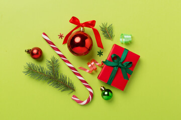 Christmas flat lay composition on color background, top view
