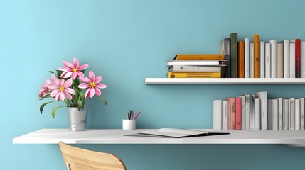 Blue virtual background with wooden bookshelf