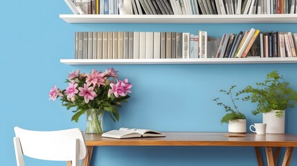 Blue virtual background with wooden bookshelf