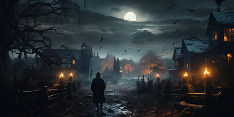 illustration of Old Haunted houses with human silhouette . Full moon. Halloween concept