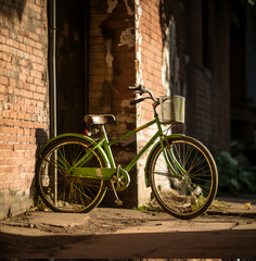 a abandoned  broken bike leaning against a brick wall, near a green door, soft light.