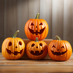 Spooky cute Halloween Pumpkins with a wooden background