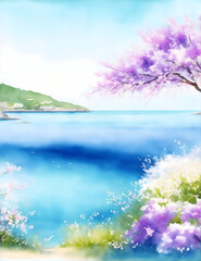 Fototapeta na wymiar Spring watercolor sea view background
