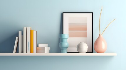 Blue virtual background with wooden bookshelf