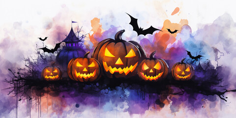 cartoon illustration of Jack o lantern pumpkins in abstract background