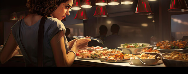 Woman take a food fron buffet line, wide banner,