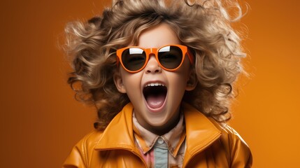 Child in sunglasses and retro style clothes is singing a song. Generative AI