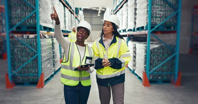 Warehouse, logistics and women with tablet and inventory check, supply chain and distribution with team and talking. Communication, digital stock checklist and working together with supplier factory