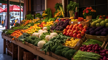 A vibrant farmer's market with an abundance of fresh fruits, vegetables, and flowers