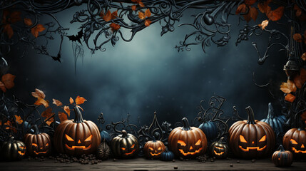 Lovely Halloween Background with Pumpkins, Bats, Spiders and Purple Autumn Leaves and Space for Text. generative AI,