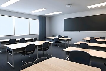 An empty classroom with neatly arranged desks and chairs Ai generated
