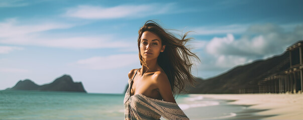 Beautiful woman on tropical white beach. Posing luxury girl on summer beach. banner.