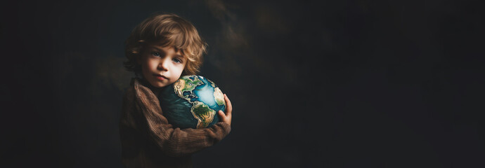 Young child hugging earth, save planet, earth day, sustainable living, ecology environment, climate...