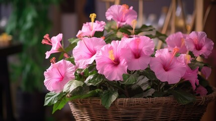 Pink Hibiscus flowers in a  wicker Basket, Isolated in a Flower Store. Red Hibiscus. Mother's day concept with a copy space. Valentine day concept with a copy space.