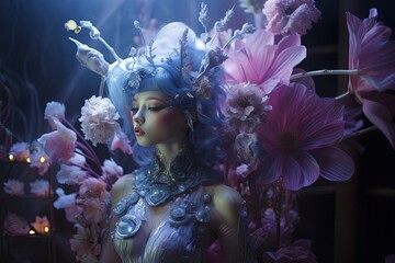 whimsical artistic portrait of a woman wearing fancy outfit and make up as alien flora fae, Generative Ai