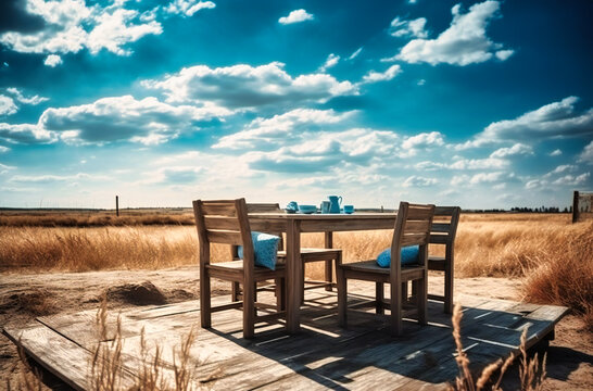 the table and chairs in the field, in the style of realistic blue skies