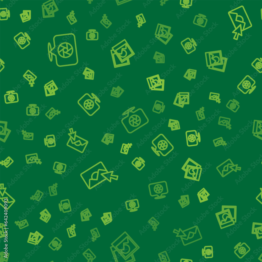 Poster set line camera shutter, photo retouching and frame on seamless pattern. vector