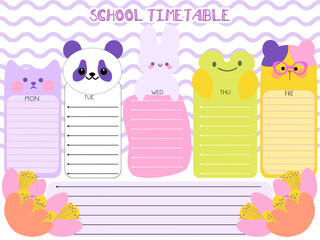 School timetable , Day planner, Date with cartoon cats Blank template. Vector illustration. Minimal style. Clean style. Daily to do. Go to school 