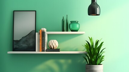 Green virtual background with wooden bookshelf