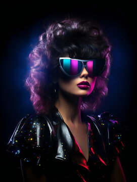 Partying woman portrait with 80s retro theme style. Isolated black background.. Generative AI.
