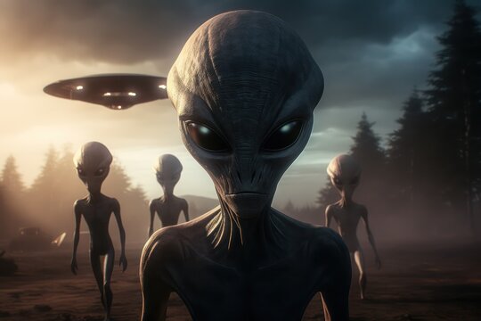 An alien from another planet looks into the camera. Close-up of a humanoid. In the background is a UFO.