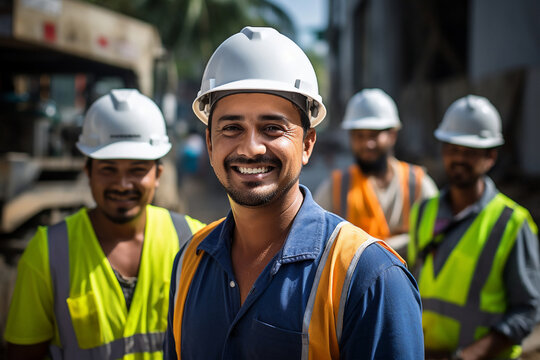 emigrant construction worker in uniform and helmet