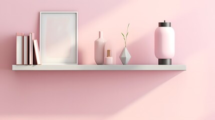 Obraz na płótnie Canvas Pink virtual background with wooden bookshelf