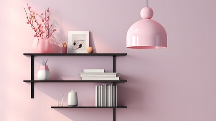 Pink virtual background with wooden bookshelf