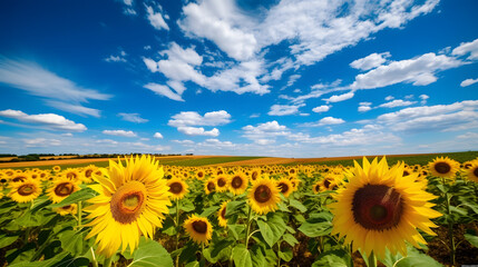 A vibrant sunflower field stretching as far as the eye can see, under a blue sky