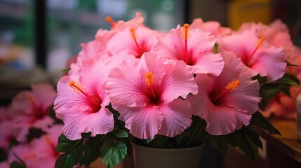 Pink Hibiscus flowers in a Vase, Isolated in a Flower Store. Mother's day concept with a copy space. Valentine day concept with a copy space. Greeting Card Concept.