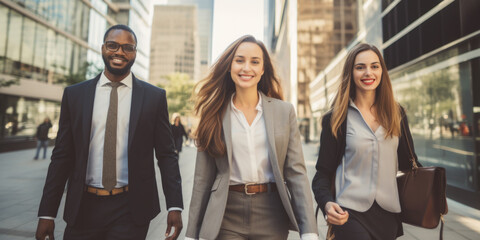  Three smiling business colleagues going together to a coffee break. Business district sidewalk.