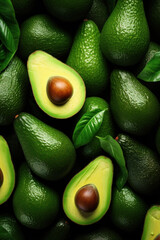 Bright texture of large avocado fruits with leaves