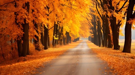 Naklejka na ściany i meble The lonely pathway among golden maple trees in autumn