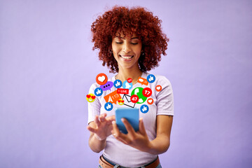 Smile, chat and a woman with a phone for social media, networking or digital marketing. Happy, reaction and a girl reading on a mobile with a notification icon on a purple background for an app
