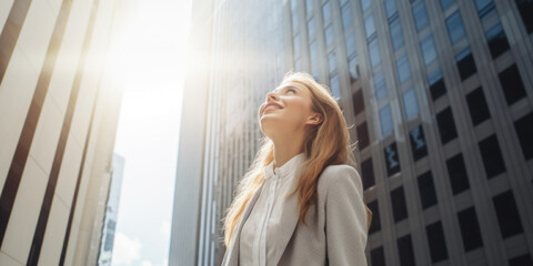 Fototapeta premium Happy smiling businesswoman in business district. Concept of business, success and entrepreneurship.